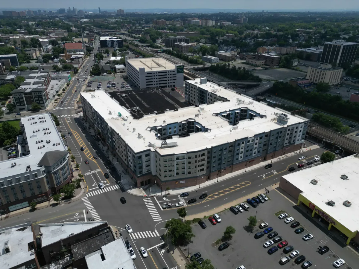 Apartment buildings, parking garage and access streets at The Crossings